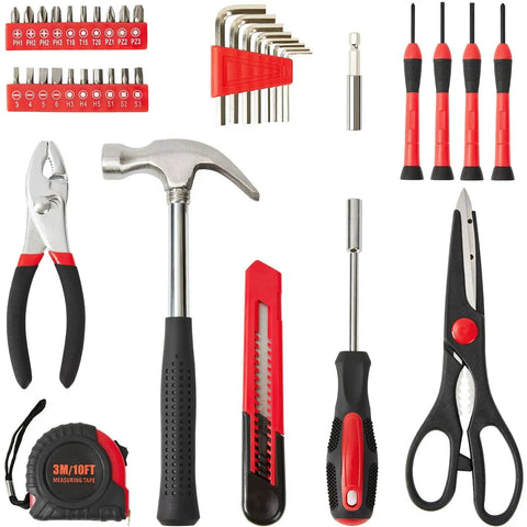 Versatile 39 Piece Tool Set For Home And DIY Needs With Red Storage Case showing hammer, pliers, screwdrivers, and measuring tape