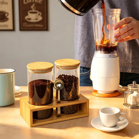 Two 49oz Airtight Glass Coffee Canisters With Bamboo Shelf, Stainless Spoon And Anti Slip Pads for Storage Jars next to coffee maker