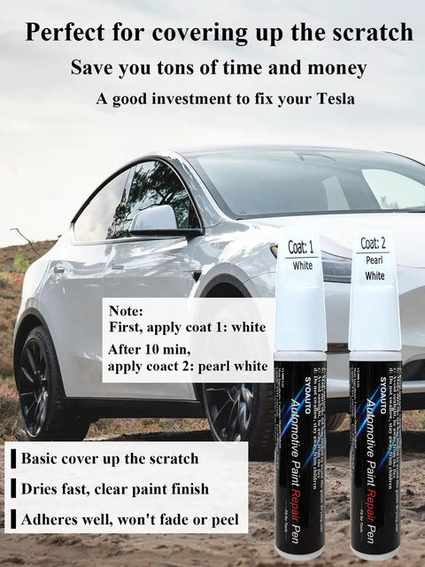 Pearl White Touch Up Paint Pen For Tesla Model Y 3 X S 0.4 Oz 2 In 1 Automotive Scratch Repair Kit with car in background