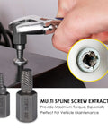 No Sweat 29 Piece Bolt Extractor Kit With Left Hand Drill Bits And Nut Removers For Stripped Damaged Rounded Off Rusted Bolts Nuts And Screws 3 In 1 Heavy Duty Pro Grade Set in use, showing multi-spline screw extractor removing a bolt.