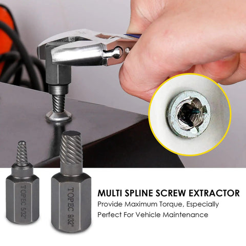 No Sweat 29 Piece Bolt Extractor Kit With Left Hand Drill Bits And Nut Removers For Stripped Damaged Rounded Off Rusted Bolts Nuts And Screws 3 In 1 Heavy Duty Pro Grade Set in use, showing multi-spline screw extractor removing a bolt.