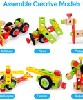 44 Piece Wooden Kids Tool Set With Drill, STEM Montessori construction toys assembled into vehicles and animals for kids.