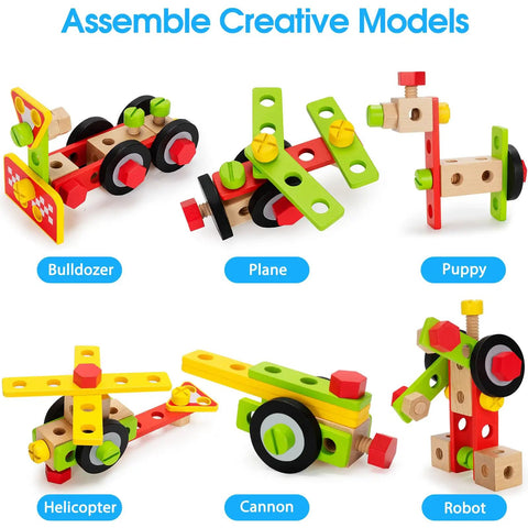 44 Piece Wooden Kids Tool Set With Drill, STEM Montessori construction toys assembled into vehicles and animals for kids.