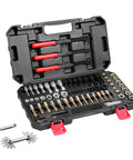 VEVOR 61-piece thread restorer kit in an open black case with red latches; metric and UNC/UNF thread chasers