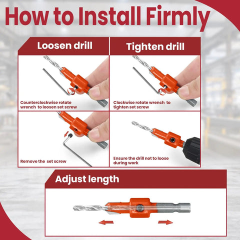 Installation guide for Must Have Pro Grade Countersink Drill Bit Set With Quarter Inch Hex Shank For Woodworking, showing adjustment steps.