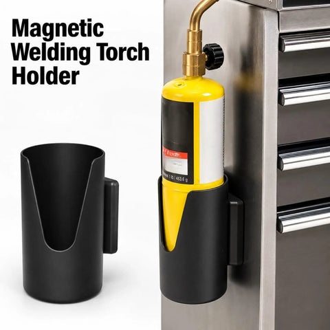 Solid Magnetic Welding Torch Holder That Clamps Securely To Any Metal Surface For Super Easy Bernzomatic MAP-Pro Access And Safe Storage With High Power Industrial Magnets on a metal surface holding a yellow torch cylinder.