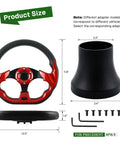 D Bottom Golf Cart Steering Wheel With Adapter For Precedent Carts Red Skid Finish Easy Install Upgrade Your Ride With A Sleek D Bottom Design And All In One Adapter No Extra Parts Needed. Image displays red steering wheel, adapter, screws, and product measurements.