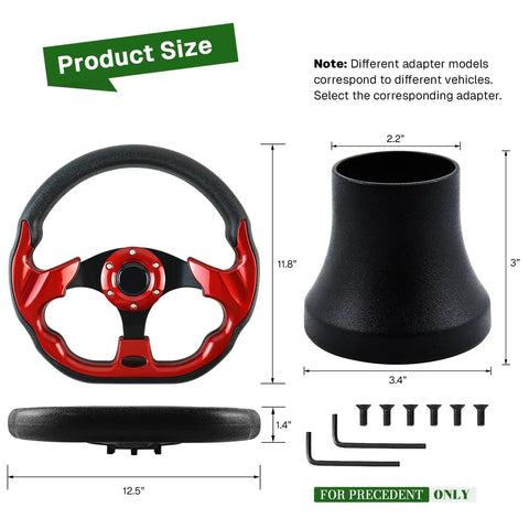 D Bottom Golf Cart Steering Wheel With Adapter For Precedent Carts Red Skid Finish Easy Install Upgrade Your Ride With A Sleek D Bottom Design And All In One Adapter No Extra Parts Needed. Image displays red steering wheel, adapter, screws, and product measurements.