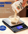 High Precision 5Kg Kitchen Scale With 0.1g Readings, measuring flour on a stainless steel platform, showing digital display