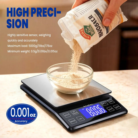 High Precision 5Kg Kitchen Scale With 0.1g Readings, measuring flour on a stainless steel platform, showing digital display