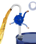 Heavy Duty Hand Crank Drum Pump Uses Adjustable Telescoping Suction Tube To Handle Five To Fifty Five Gallon Drums For Fast Oil And Fuel Swaps Zero Drama Guaranteed pouring motor oil from a blue barrel.