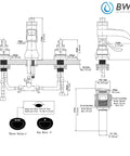 Technical diagram of Waterfall Widespread Bathroom Faucet With Oil Rubbed Bronze Farmhouse Finish 8 Inch Spread Twin Handle 3 Hole Design Pop Up Drain Stopper Including Overflow And Supply Lines Vanity Lavatory Sink Parts For Easy Install, showcasing measurements and installation requirements.