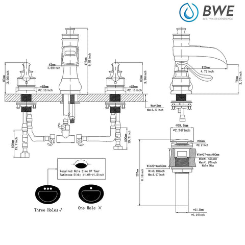 Technical diagram of Waterfall Widespread Bathroom Faucet With Oil Rubbed Bronze Farmhouse Finish 8 Inch Spread Twin Handle 3 Hole Design Pop Up Drain Stopper Including Overflow And Supply Lines Vanity Lavatory Sink Parts For Easy Install, showcasing measurements and installation requirements.
