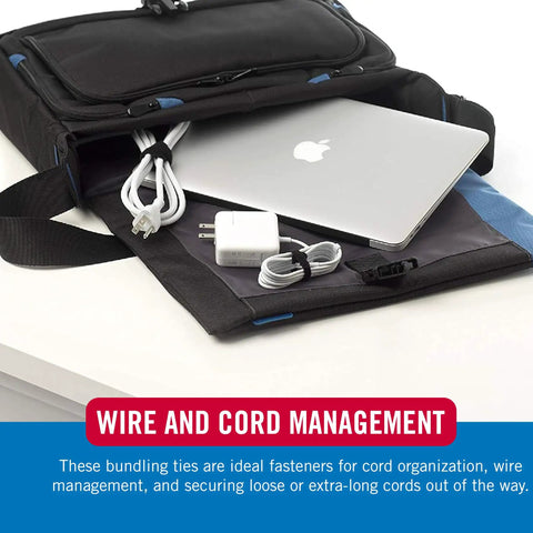 Bag with laptop and cords showing Self Fastening Cable Ties 100 Pack 8 By 0.5 Inch Black Thin Pre Cut Wire Management Straps