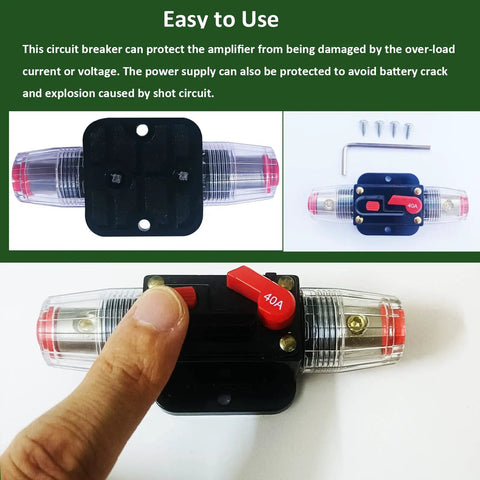50 Amp Manual Reset Waterproof Inline Circuit Breaker For Cars ATVs Boats And Marine Trolling Motors Keep Your 12V To 48V DC Power Safe And Beefy Includes Inner Hex Tool And Mounting Screw displayed with mounting screw and tool