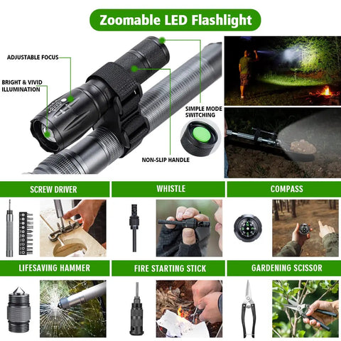 Zoomable LED flashlight from All In One Folding Tactical Shovel Hatchet Kit with axe, flashlight, multitool, and other camping gear