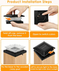 Installation guide for Super Sleek 4x4 Solar Post Cap Lights 12 Pack, showing steps to mount on wooden/vinyl posts.