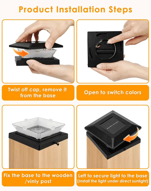 Installation guide for Super Sleek 4x4 Solar Post Cap Lights 12 Pack, showing steps to mount on wooden/vinyl posts.