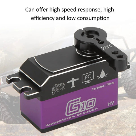 Heavy Duty Badass Digital Servo With Killer 10Kg Torque Waterproof Coreless Motor And Precision Feedback Built Tough For 1:8 And 1:10 Scale Rc Cars And Trucks close-up view showing black and purple design with servo arm.