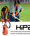 Universal Shoulder Strap Trimmer Harness Kit for String Trimmers Weedeaters, adjustable padded harness in use, grass background.