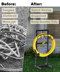 Before and after of a tangled hose versus Built Tough Heavy Duty Outdoor Garden Hose Holder Freestanding Stand With Brass Faucet And Four Prongs, Sturdy Metal Hose Reel Rack Hanger Holds Up To 150 Feet Of Hose For Yard Or Lawn, Weatherproof Black.