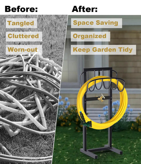 Before and after of a tangled hose versus Built Tough Heavy Duty Outdoor Garden Hose Holder Freestanding Stand With Brass Faucet And Four Prongs, Sturdy Metal Hose Reel Rack Hanger Holds Up To 150 Feet Of Hose For Yard Or Lawn, Weatherproof Black.