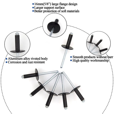 60 Pcs Black Large Flange Blind Rivets Kit Aluminum Body 3 16th By 5 8th Inch Grip Range 8 to 12mm Corrosion Resistant Pop Rivets Assortment For Auto Metalwork And Diy Projects showing several rivets and detailed features