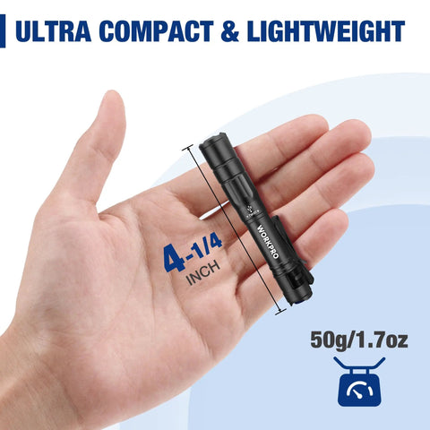 Rechargeable Mini Pen Light 2 Pack Ultra Compact EDC Flashlight in hand showing 4-1/4 inch size