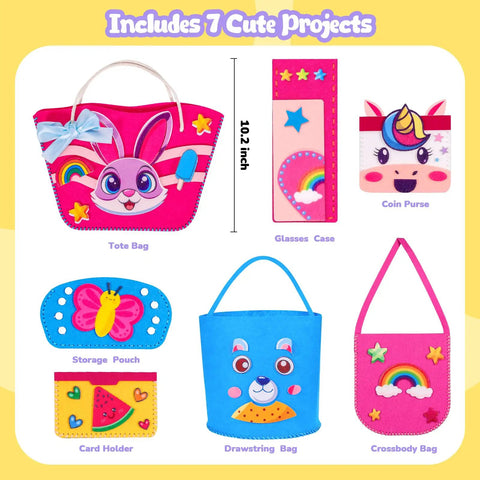 Kids Sewing Kit For Beginners With 7 DIY Projects Like Unicorn Coin Purse Rainbow Crossbody Bag Butterfly Pouch Card Holder