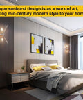 Modern bedroom with Sunburst Brushed Nickel Wall Sconces, 2 Light Mid Century Modern Vanity Lights on either side of bed