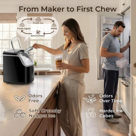 Chewable Cafe Style Nugget Ice Maker For Home And Office And RV 33 Lb Per Day Countertop Machine Self Cleaning Portable Black
