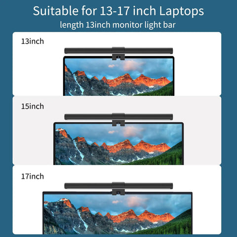 Monitor Light Bar For Laptop And Desk Use, Eye Care Screen Lamp shown on 13 to 17 inch laptops, highlighting compatibility.