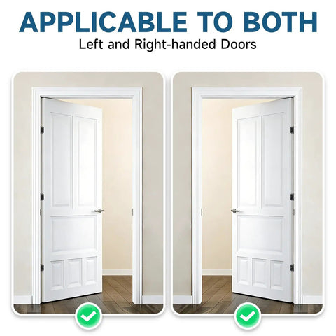 Self Closing 4 Inch Spring Loaded Door Hinge With Adjustable Tension Five Eighths Radius Corners Fits Front Or Back Doors Left Or Right Hand UL Listed Gloss Black demonstrated on two doors side by side