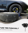 Chrome Spare Tire Fixing Bolt For Cars And SUVs Multimodel Fit Wheel shown near a spare tire and black vehicle wheel installation