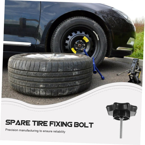 Chrome Spare Tire Fixing Bolt For Cars And SUVs Multimodel Fit Wheel shown near a spare tire and black vehicle wheel installation