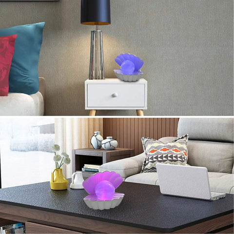 Shell Pearl Beach Themed Night Light With 8 Color RGB Mood Lighting Clamshell Bedside LED Lamp on white nightstand and table