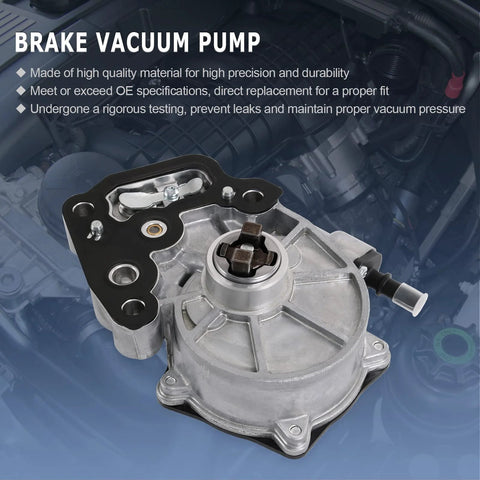 Brake vacuum pump with gasket, silver aluminum housing and black gasket plate (front view).