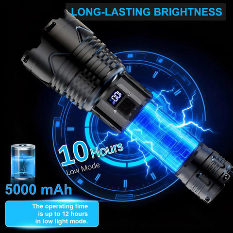 Rechargeable UV Flashlight 3 In 1 Black Light LED Tactical Flashlight with digital display, blue lightning graphics.