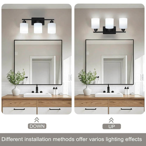 Three Light Black Matte Vanity Light Fixture With Milky White Frosted Glass Shades For Bathroom Over Mirror, Modern Wall Sconce