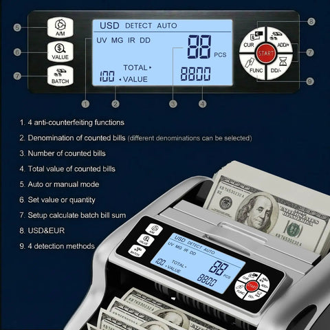 K08 Money Counter Machine With 3.8 Inch Value Display For USD And EUR, showing control panel and counting bills with settings description