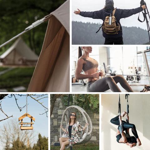 Collage featuring outdoor and fitness activities, including 15 Piece M6 One Quarter Inch Quick Link Chain Connectors for various uses.