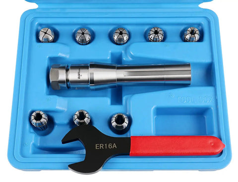 R8 Shank ER16 Collet System 8 Piece Set With 3 Thirty Second Inch To 3 Eighths Inch Collets Includes 1 Wrench In A Fitted Box, blue case