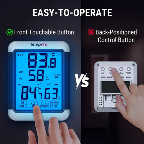 Indoor Outdoor Digital Wireless Thermometer And Hygrometer With Large Backlit 4 Inch Touchscreen LCD Monitor showing temperature readings