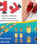 Brake-line bending tool with copper tubing and fittings; front and side view; includes 2 unions, 4 nuts.