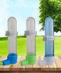 Auto Bird Feeder And Water Dispenser With Clear Polymer Reservoir Clip On Cage Rack Gravity System For Budgies Cockatiels And Parakeets No Sweat Setup, three transparent tubes with colorful bases.