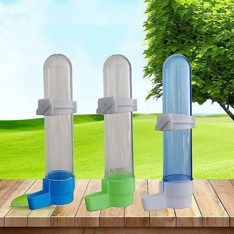 Auto Bird Feeder And Water Dispenser With Clear Polymer Reservoir Clip On Cage Rack Gravity System For Budgies Cockatiels And Parakeets No Sweat Setup, three transparent tubes with colorful bases.