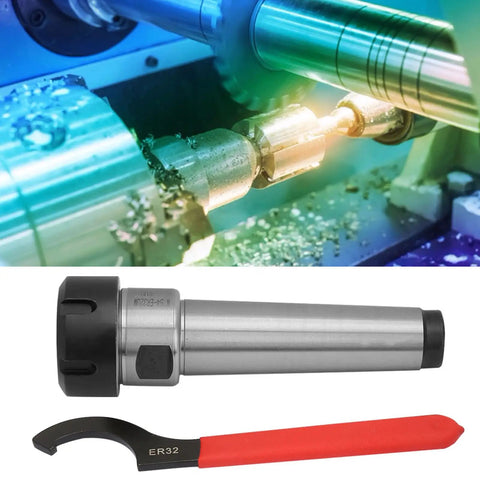 ER32 Collet Chuck Holder MT4 Morse Taper Shank For CNC Milling And Lathe Tools Straight Shaft Design For Deep Hole Machining With Tight Grip And A Real Workhorse For Tool Holding, shown with ER32 wrench