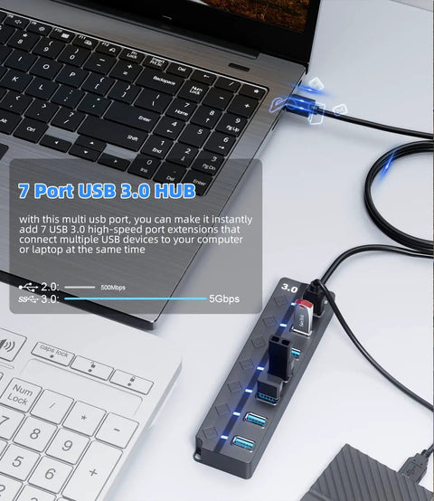 7-Port USB 3.0 Hub With 3ft Cable For Laptop PC Surface Pro PS4 And PS5, Individual LED On Off Per Port, connected to a laptop
