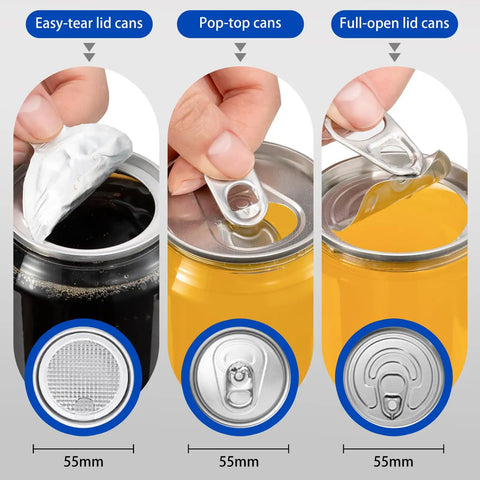 Commercial Can Sealer Machine Automatic Cup Sealer Five Station Beverage Packaging Plug And Play Powerhouse Delivering Fast One Touch Start With Led Auto Counter showing easy-tear, pop-top, and full-open can lids.