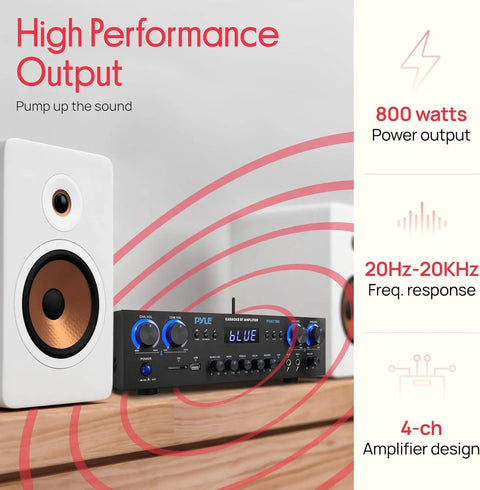 Home Stereo Receiver With Bluetooth 800W Peak Power 4 Channel Amplifier and speaker on a wooden shelf.